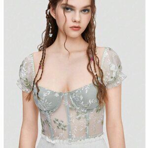 Romwe Mesh Sheer Embroidered Floral Green Corset Bustier Top Coquette Fairy XS